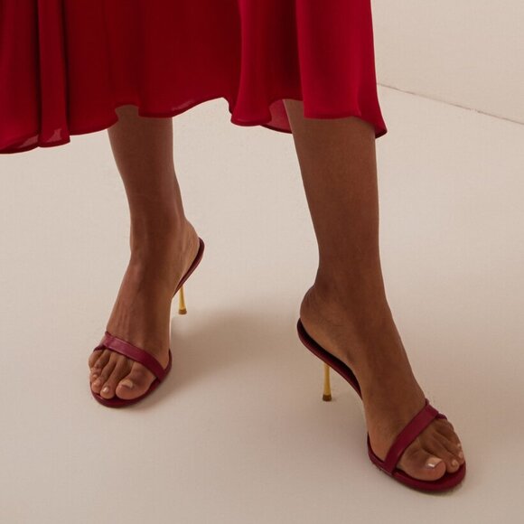 Cult Gaia Veda Sandal Size 37.5 Ruby Red Leather Strappy Gold Heel - Picture 2 of 12